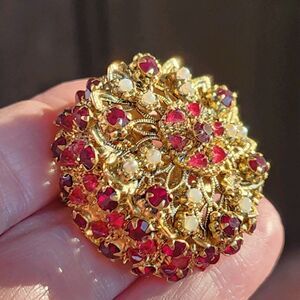 Vintage Austria RARE Layered Cake Brooch Faux Ruby Pearl 1.5" Hollywood Regency